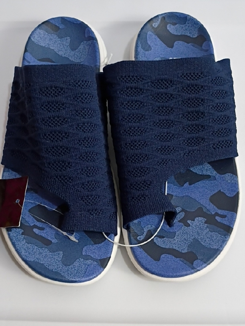 RBX NAVY BLUE KNIT SLIDE SANDALS WITH BLUE CAMO FOOTBED SIZE 8 NWT